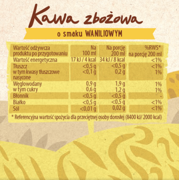 Szczegółowa tabela wartości odżywczych kawy zbożowej Anatol waniliowej. Etykieta produktu z danymi żywieniowymi.