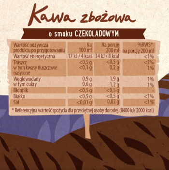 Etykieta kawy zbożowej Anatol o smaku czekoladowym, z tabelą wartości odżywczych: kalorie, cukry, tłuszcz.