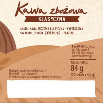 Opakowanie kawy zbożowej Anatol Klasyczna, 84g (20 sztuk x 4.2g), widok z boku, brązowe tło, polskie napisy.
