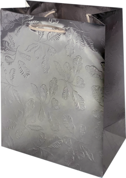 Srebrna torba prezentowa z holograficznym połyskiem, wytłaczanym wzorem liści i jasnymi uchwytami, widok z przodu.