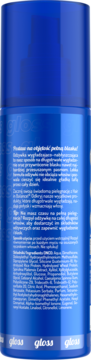 Tył niebieskiej butelki Gloss, produktu do włosów. Widoczny polski tekst opisujący objętość i pielęgnację włosów.