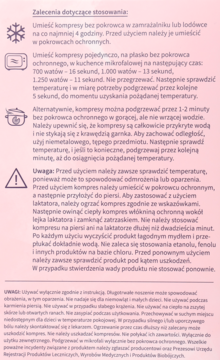 Instrukcja użycia kompresów żelowych Mamas Babydream, różowa ulotka z białym tekstem i ikonami. Zalecenia stosowania.