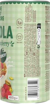 ONEDAYMORE ,granola z pistacjami, liofilizowanymi malinami i białą czekoladą,prawa