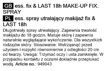 Czarno-biała etykieta tekstowa sprayu Essence Fix&Last 18h z opisem działania po angielsku i polsku.