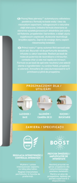 Tył turkusowego opakowania automatycznego odświeżacza powietrza, z ikonami regulacji intensywności i funkcji boost.