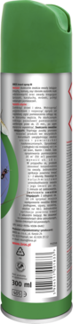 Tył zielono-srebrnego aerozolu Bros na owady, z polskim tekstem, kodem kreskowym i napisem 300 ml.