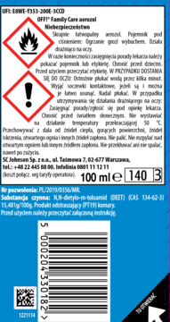 OFF! Family Care, tył niebieskiej puszki aerozolu odstraszającego komary z etykietą DEET, symbolami ostrzegawczymi.