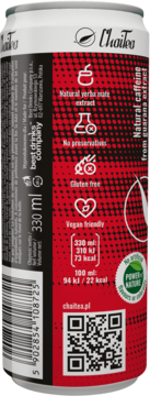 Tył puszki napoju ChaiTea z yerba mate i guaraną, czerwone tło, detale: bez konserwantów, gluten-free, wegański, QR kod.