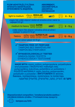 Tył niebieskiego opakowania tamponów Tampax Pearl Compak, tabela absorpcji (Regular, Super Plus), info o składzie.