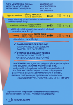 Tył niebieskiego opakowania tamponów Tampax Pearl Compak, z tabelą chłonności, opisem składu i cech.