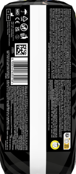 Bok czarnego opakowania chłonnej bielizny na noc Ninjamas, z kodem QR, tekstami i symbolami certyfikatów.