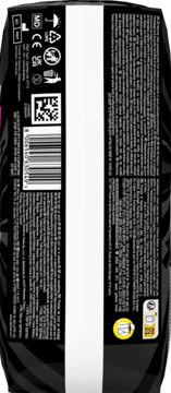 Tył opakowania chłonnej bielizny nocnej Ninjamas: czarne tło, biały pas, kody QR i EAN, ikony i tekst produktu.