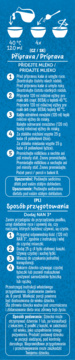 Niebieska etykieta Kaszki Gerber Junior z białymi ikonami i tekstem instrukcji przygotowania posiłku dla dzieci.