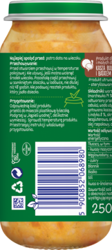 Bobovita Kaszotto Bulgur z indykiem i batatem, tył słoika, zielona etykieta z instrukcjami i kodem kreskowym.