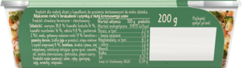 Tył opakowania BoboVita: Makaron rurki z brokułami i szynką, zielone tło z informacjami o składzie i 200 g.