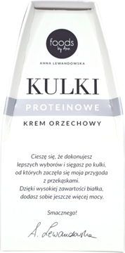 Białe opakowanie Foods by Ann Kulki Proteinowe KREM ORZECHOWY, wysoka zawartość białka, widok z przodu.