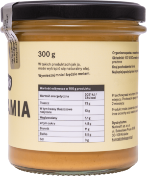 Tył słoika Ekogram The Real Macadamia Paste BIO 300g, jasnożółta etykieta z tabelą wartości odżywczych.