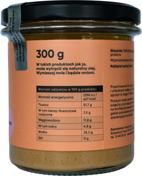 Ekogram BIO kremowa pasta z orzechów ziemnych 300g w szklanym słoiku, widok z tyłu na brzoskwiniową etykietę.