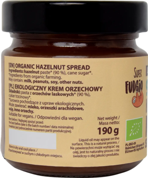 SUPER FUDGIO ,krem z orzechów laskowych Bio,prawa