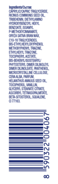 Tył opakowania pomadki Bepanthen Derma Protecting Lipstick SPF 50 ze składnikami i kodem kreskowym.