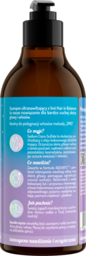 Tył bursztynowej butelki szamponu OnlyBio Hair In Balance Hydra z niebiesko-fioletową etykietą i opisem składników.