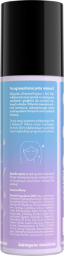 Tył butelki OnlyBio Hair In Balance hydra, niebiesko-fioletowej odżywki ultranawilżającej, z czarną nakrętką i białym tekstem.