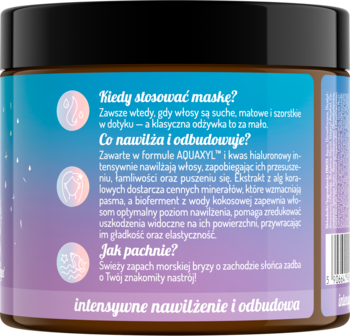 Tył maski Hair In Balance OnlyBio, brązowy słoik, fioletowo-niebieska etykieta z polskim tekstem o nawilżeniu.