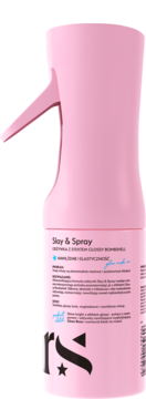 Różowy spray Slay & Spray do włosów, widok pod kątem, z etykietą "nawilżenie i elastyczność", efekt glossy.