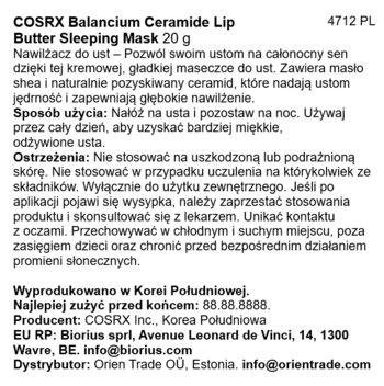 Etykieta COSRX Balancium Ceramide Lip Butter Sleeping Mask 20g, biała z czarnym tekstem, instrukcje, ostrzeżenia.