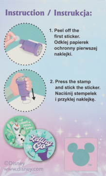 Instrukcja dla zestawu Disney Frozen. Dwa obrazy pokazują, jak używać stempla i przyklejać naklejki z Olafem.