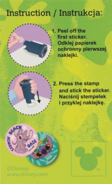 Zielona instrukcja użycia stempli Disney Stitch i Angel, z ilustracjami kroków i gotowymi naklejkami.