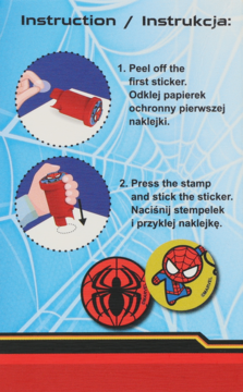 Instrukcja użycia stempla/naklejki Spider-Man z dwoma krokami: odklejanie i przyklejanie, oraz przykładowe naklejki.