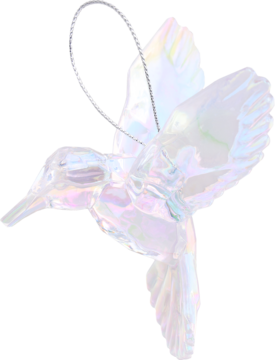 Eloy, opalizująca zawieszka koliber z jasnego plastiku, mieniąca się tęczowo, widok z boku.