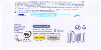 Tył opakowania nawilżanych chusteczek Babydream (20 Tucher). Białe z kodem, ikonami Vegan, PEFC i recyklingu.
