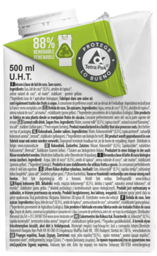 Tył zielono-białego opakowania napoju kokosowego Ecomil Coconut Nature BIO 500ml, z etykietą składników, bez cukru.