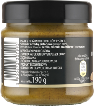 Tył słoika pasty pistacjowej 100% Primavika, 190g, bez cukru i soli, z etykietą ze składem.