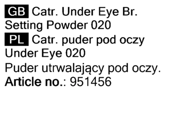 Etykieta Catrice Under Eye Setting Powder 020. Tekst opisuje brzoskwiniowy puder rozjaśniający ze skwalanem.
