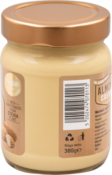 Tył słoika kremu migdałowego Sisinni 380g, słodzonego stewią, z etykietą „Vegan”, kodem kreskowym i napisem „Waga netto”.