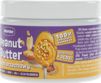 Zbliżenie na biały słoik Moreso Crunchy Peanut Butter, fioletowa etykieta, 100% orzechów, bez cukru, soli, oleju palmowego.