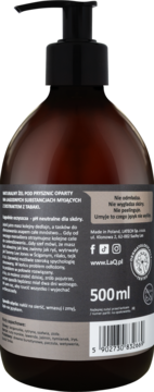 Tył brązowej butelki żelu pod prysznic LaQ 500ml z czarną pompką. Widoczny opis po polsku z tytoniem.