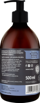 Tył brązowej butelki żelu pod prysznic LaQ Kozioł z Klasą 500ml z chmielem i czarną pompką, widoczny kod.