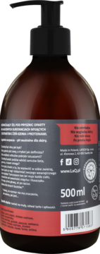 Tył butelki LaQ Żel pod prysznic 8w1 Kawał Byka 500 ml, ciemnobrązowa z czarną pompką, widoczne składniki.