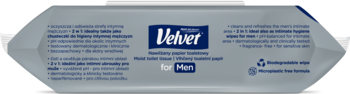 Tył szarego opakowania nawilżanego papieru toaletowego Velvet for Men, z opisem produktu i symbolami recyklingu.