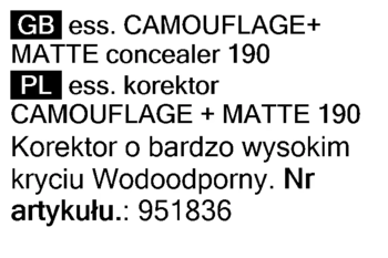 Tekstowa etykieta korektora Essence Camouflage+ Matte 190, z opisem wodoodporności i wysokiego krycia.