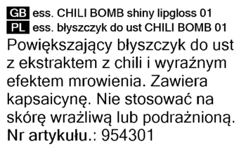 Biała etykieta z czarnym tekstem, opisująca błyszczyk Essence Chili Bomb, powiększający, z chili.