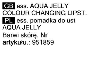 Etykieta pomadki Essence Aqua Jelly zmieniającej kolor, z tekstem opisującym produkt po polsku i angielsku.