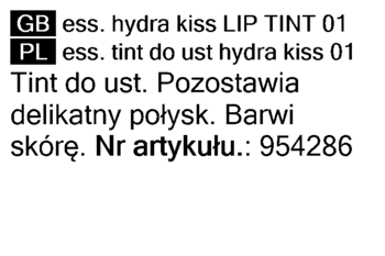 Fragment etykiety Essence Hydra Kiss Lip Tint 01 z nazwą PL/GB i polskim opisem działania produktu.