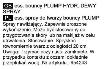 Fragment etykiety: instrukcja użycia nawilżającego sprayu Essence Bouncy Plump Hydrating Dewy Spray po polsku.