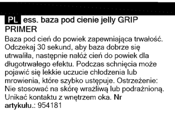 Biała etykieta z polską instrukcją użycia Essence Jelly Grip Primer, baza pod cienie, czarny tekst.