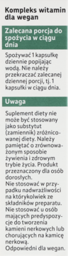 Etykieta kompleksu witamin dla wegan: zalecana porcja (1 kapsułka) i ważne ostrzeżenia w języku polskim.